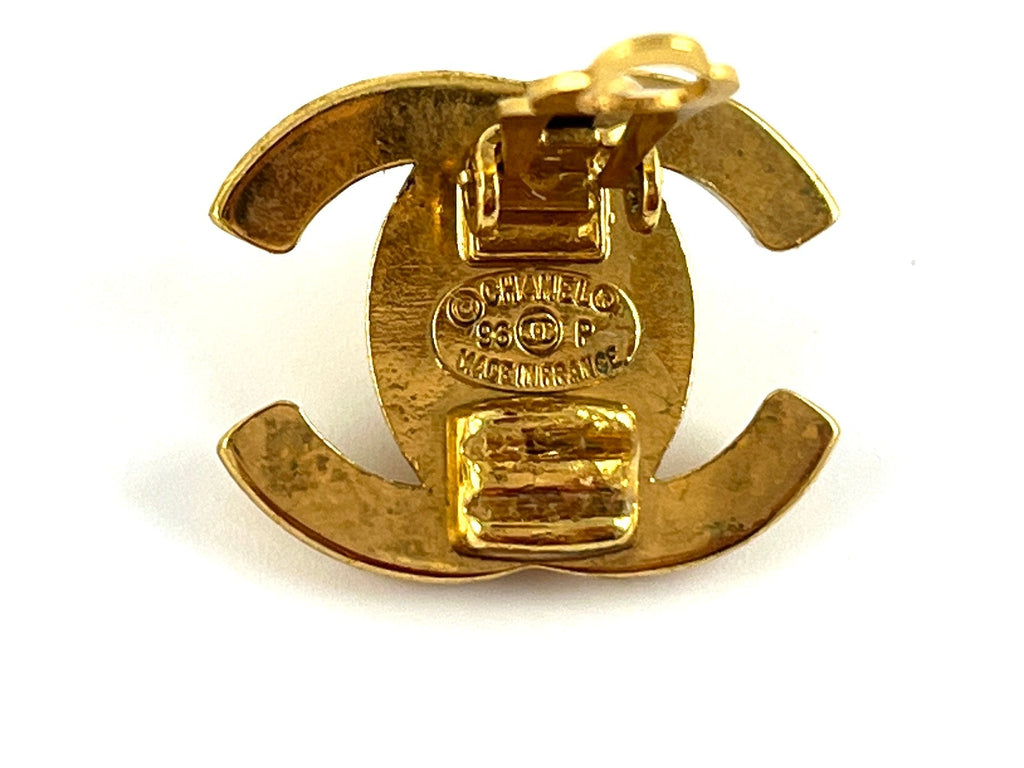 Vintage CHANEL Gold Plated 1996 Turnlock CC Stud Clip on Earrings