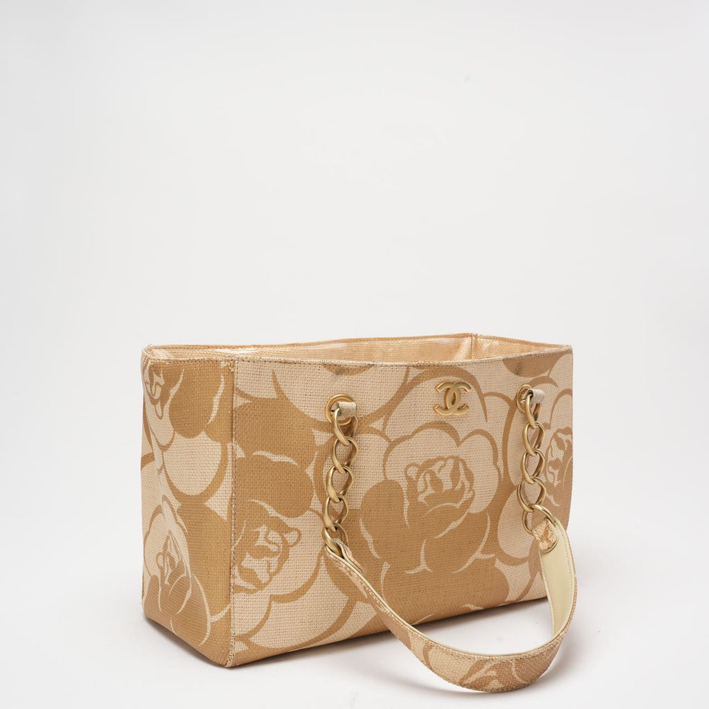 Chanel Raffia Camellia Small Tote Bag Beige