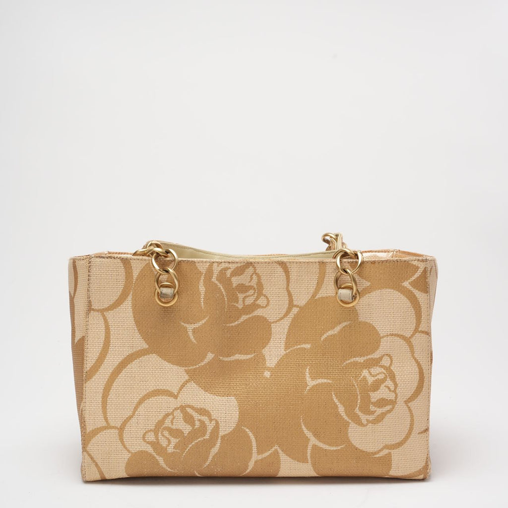 Chanel Raffia Camellia Small Tote Bag Beige