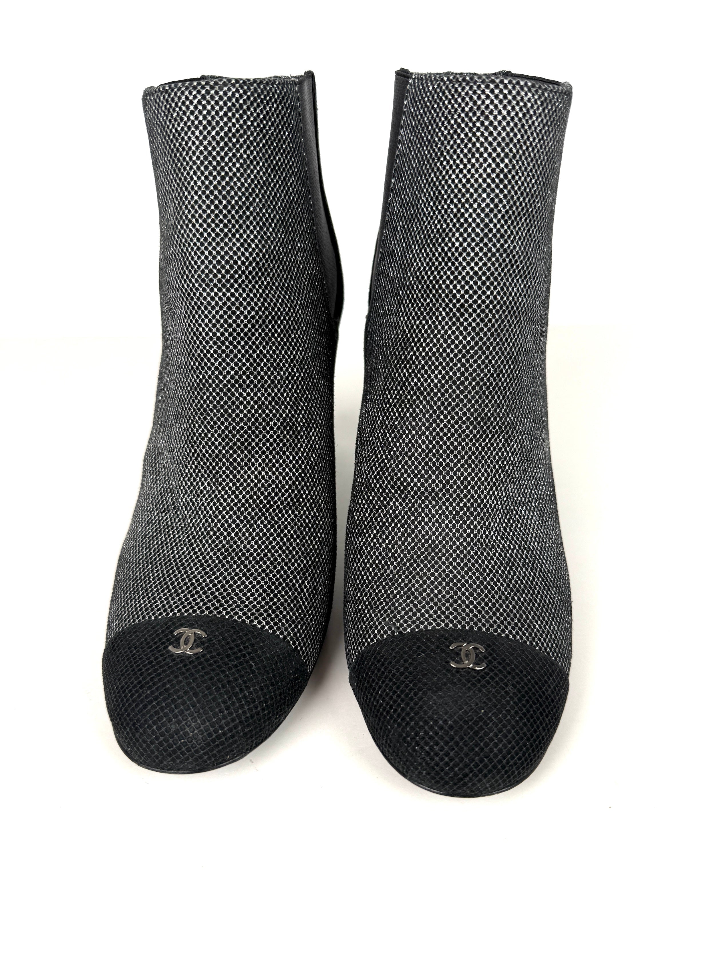 CHANEL Black Silver Tweed CC Logo Ankle Booties Boots 40 9.5
