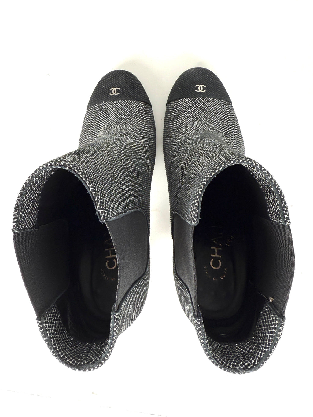 CHANEL Black Silver Tweed CC Logo Ankle Booties Boots 40 9.5