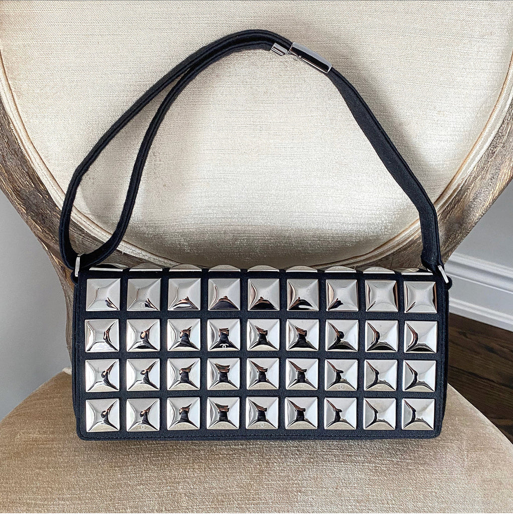 Chanel Choco Bar Silver Metal Stud and Black Wool Shoulder Bag