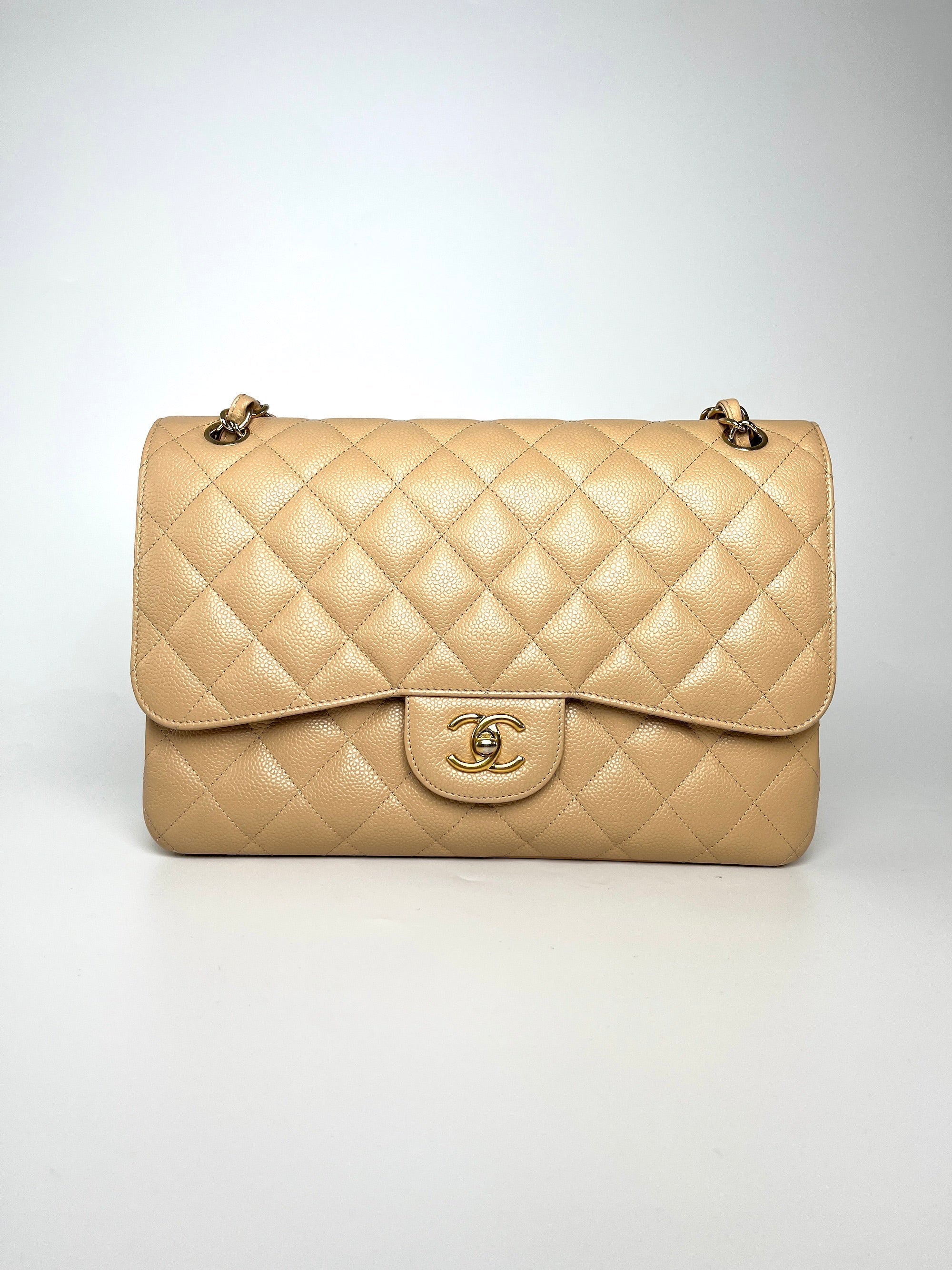 CHANEL Jumbo Classic Double Quilted Caviar Beige Leather Flap Bag