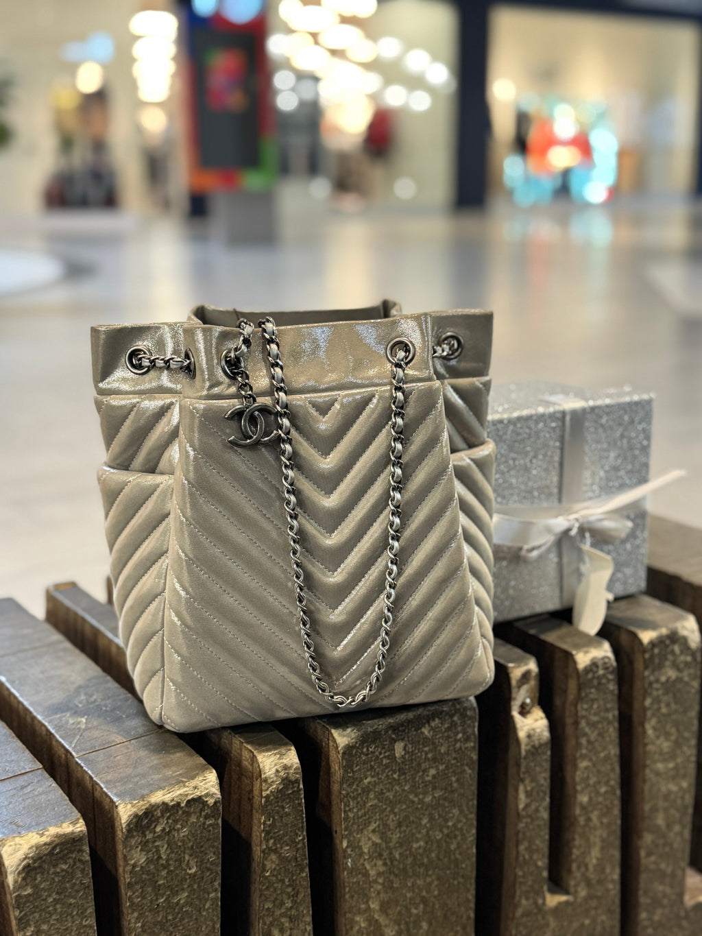 Chanel metallic calfskin chevron urban spirit bucket bag