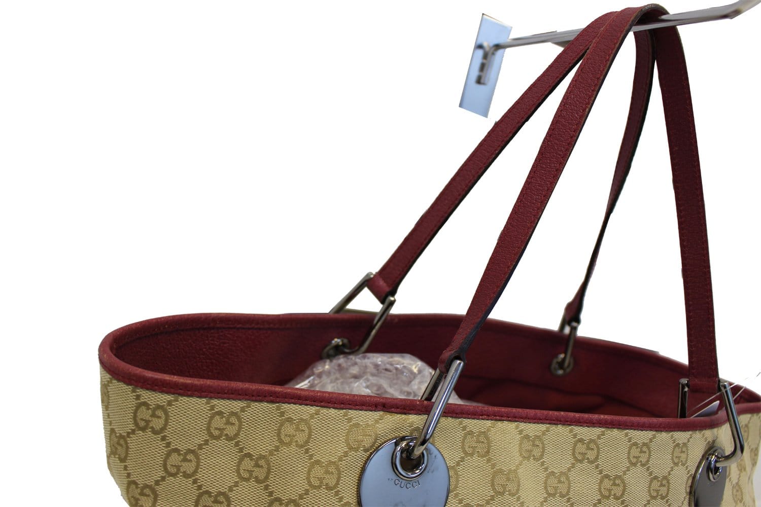 GUCCI Eclipse Beige Red GG Canvas Leather Tote Bag