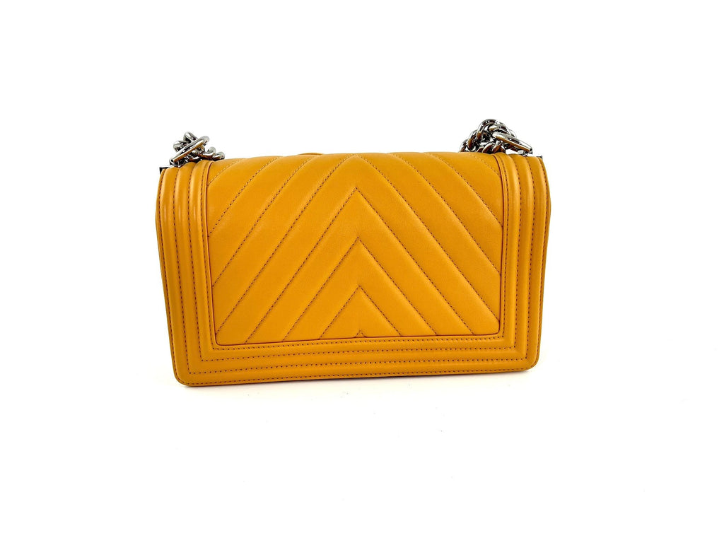 CHANEL Boy Old Medium Yellow Chevron Quilted Calfskin Bag