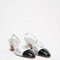 Chanel Silver / Black Leather and Patent Cap Toe CC D'osray Slingback Sandals Size 38