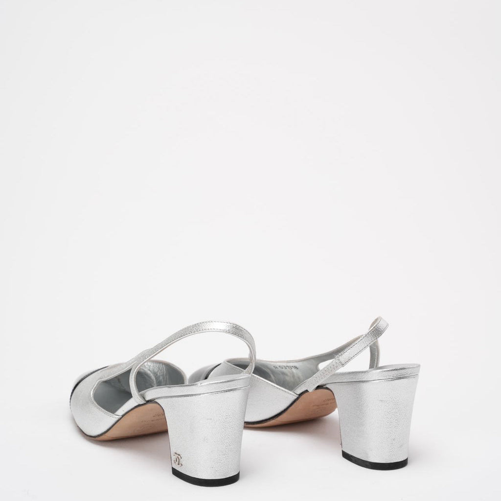 Chanel Silver / Black Leather and Patent Cap Toe CC D'osray Slingback Sandals Size 38