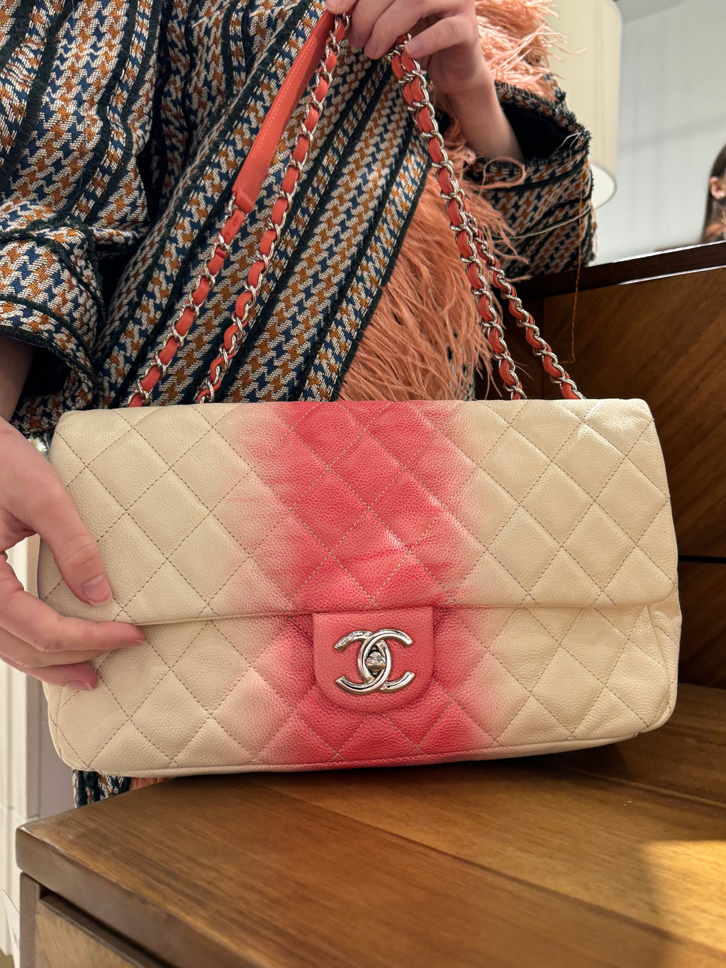 Chanel Caviar Ombre white rose quilted chain Classic Flap Bag
