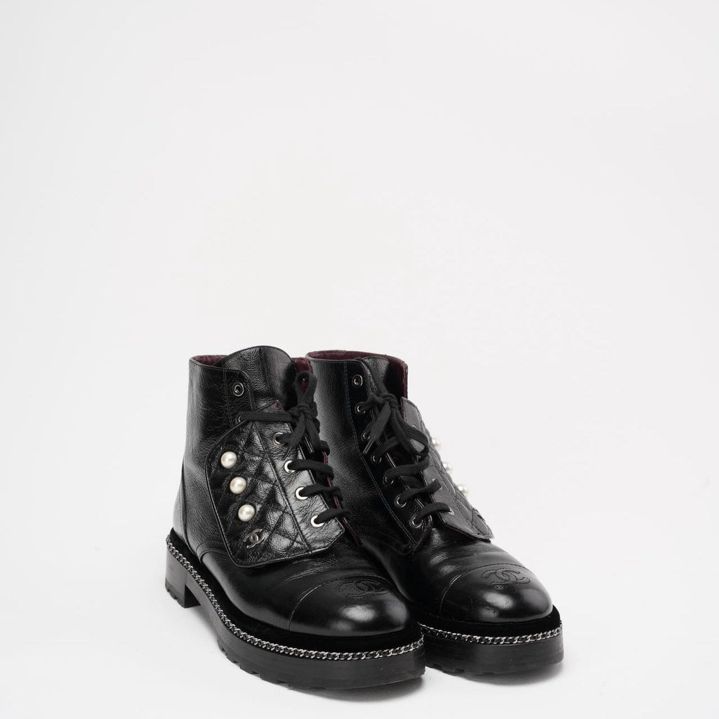 Chanel Black CC Pearl Detail Ankle Boots Size 39 ½