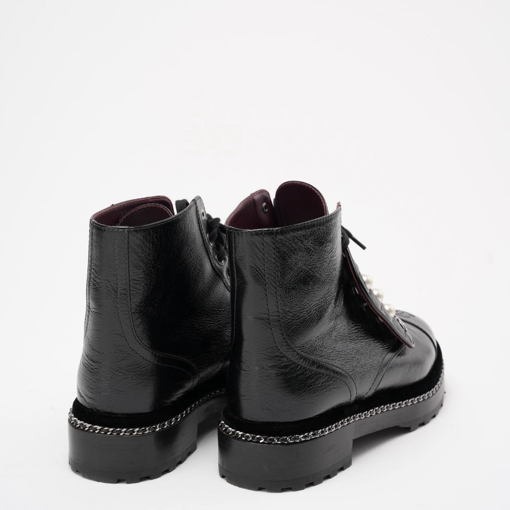 Chanel Black CC Pearl Detail Ankle Boots Size 39 ½