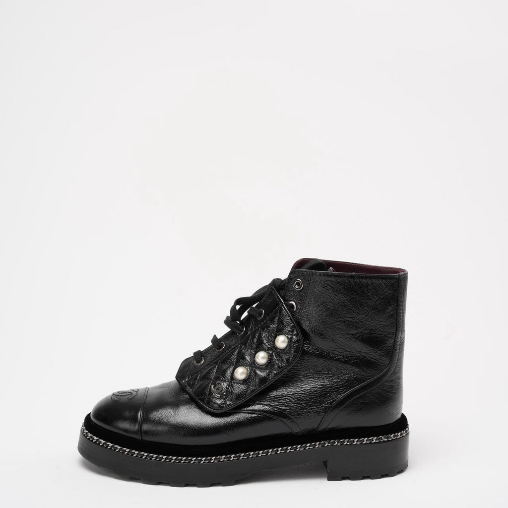 Chanel Black CC Pearl Detail Ankle Boots Size 39 ½