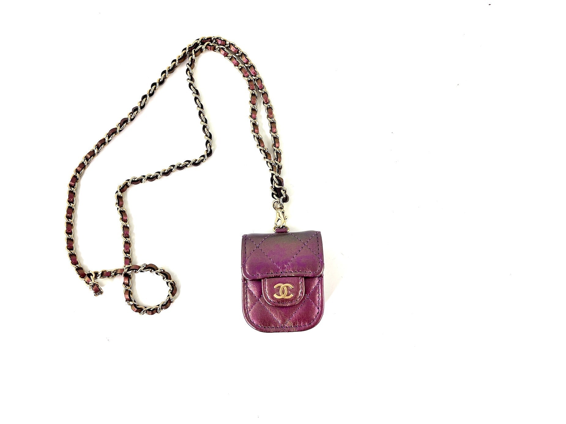 CHANEL 2020 Iridescent Purple AirPods Case Holder with Chain