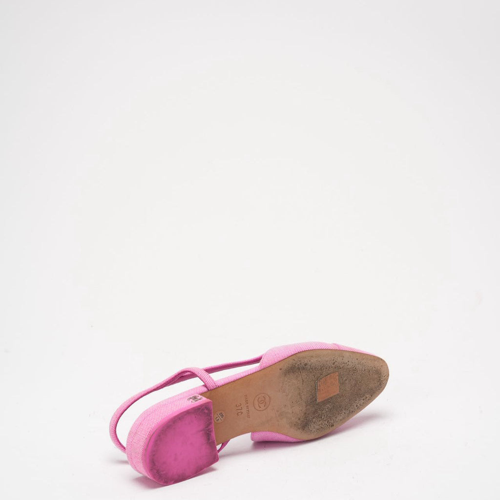 Chanel Neon Pink Denim Cap Toe CC Slingback Flat 37