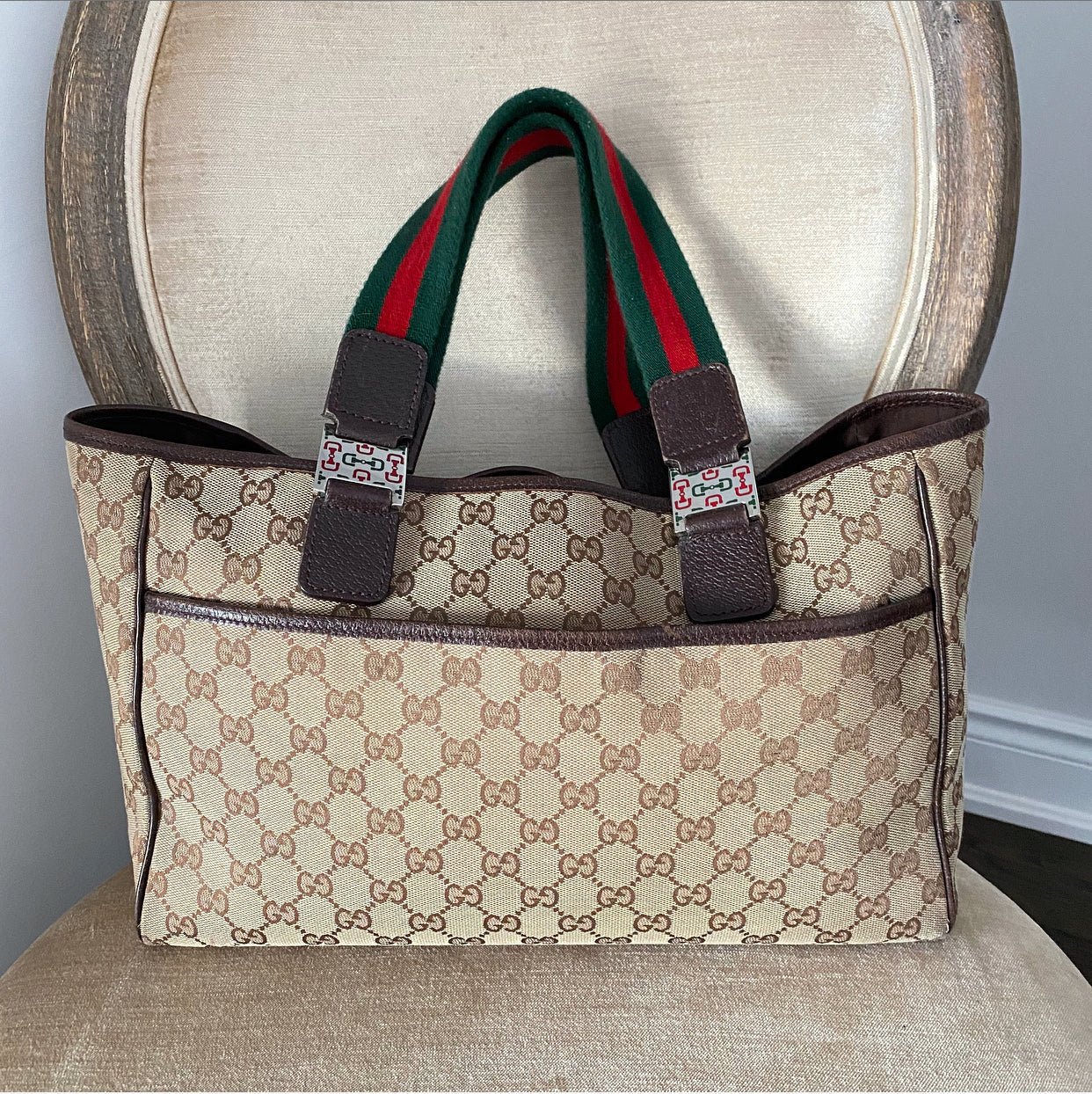 Gucci Brown Monogram Canvas Web Strap Handle Small Tote