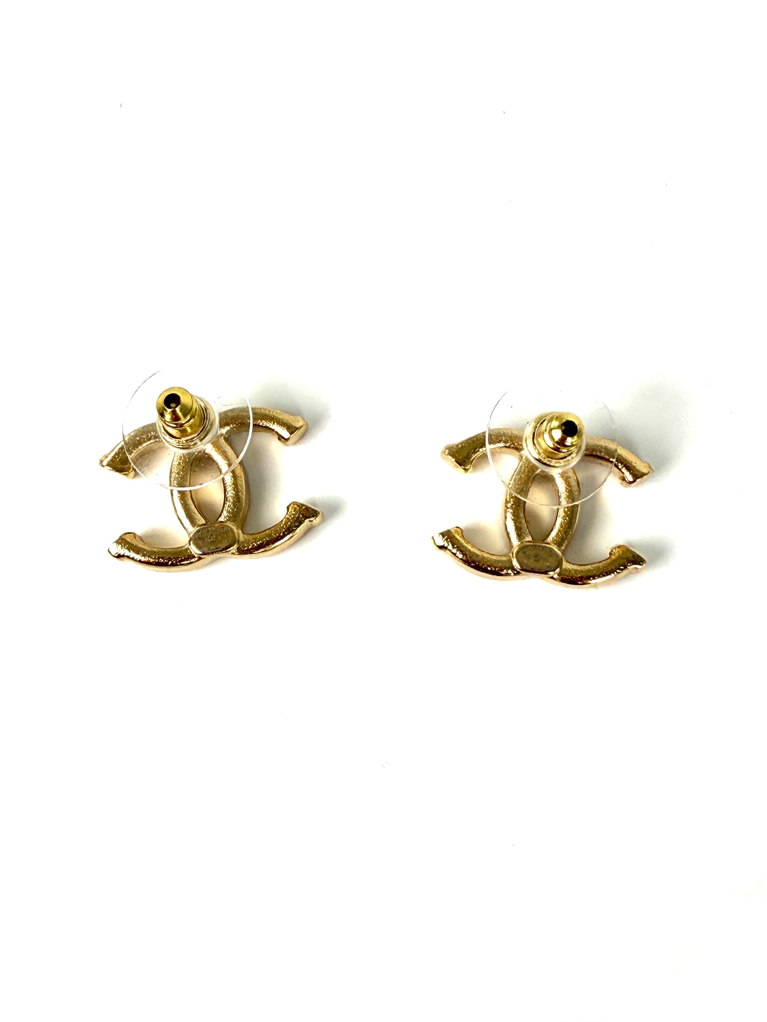 CHANEL 2024 Gold Tone CC Logo Stud Hammered Earrings