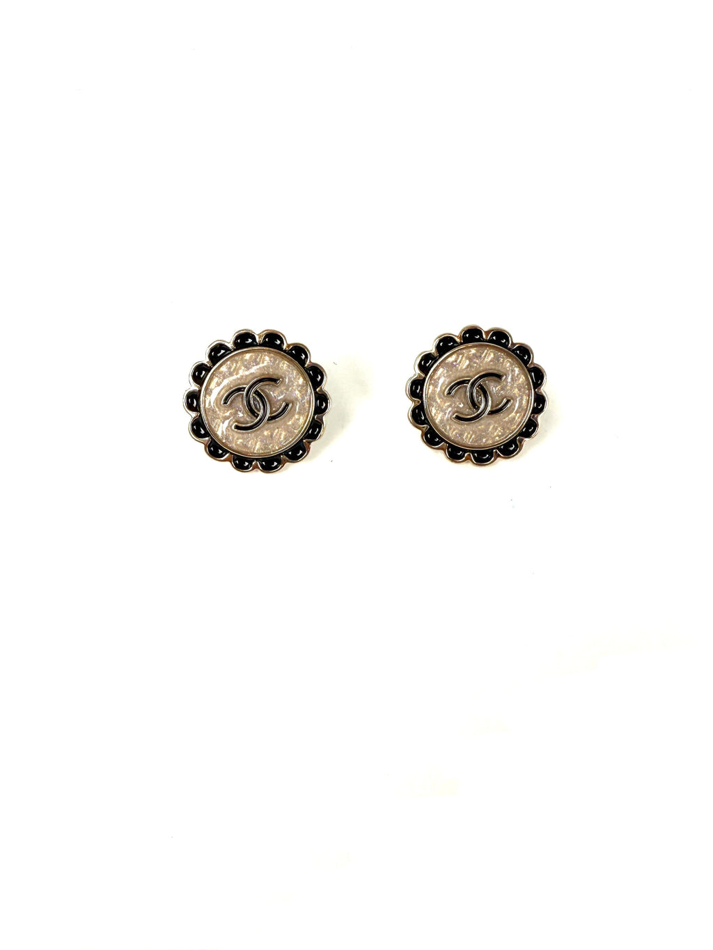 CHANEL 2024 Gold Tone CC Logo Stud Flower Button Earrings