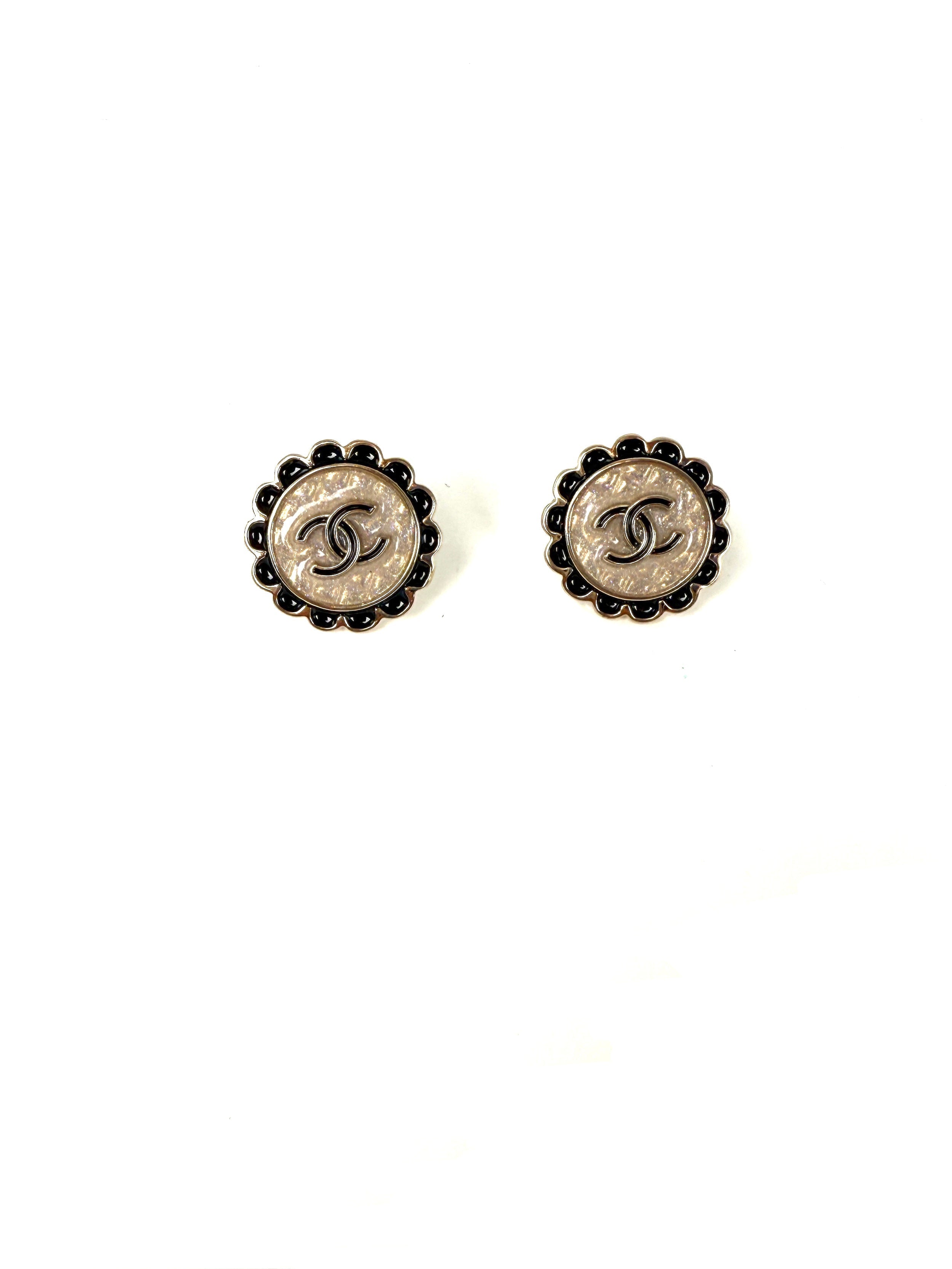 CHANEL 2024 Gold Tone CC Logo Stud Flower Button Earrings