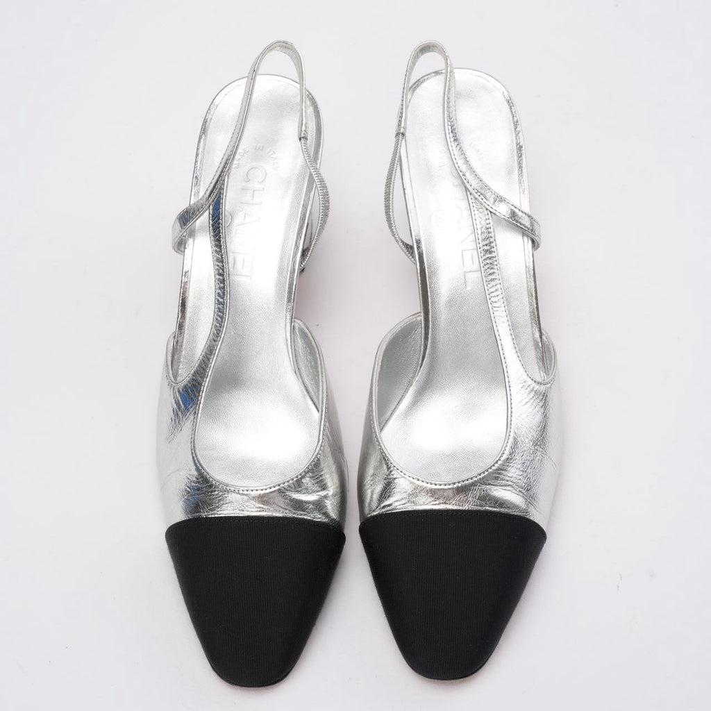 Chanel Silver/Black Patent Cap Toe CC D'osray Slingback 39C