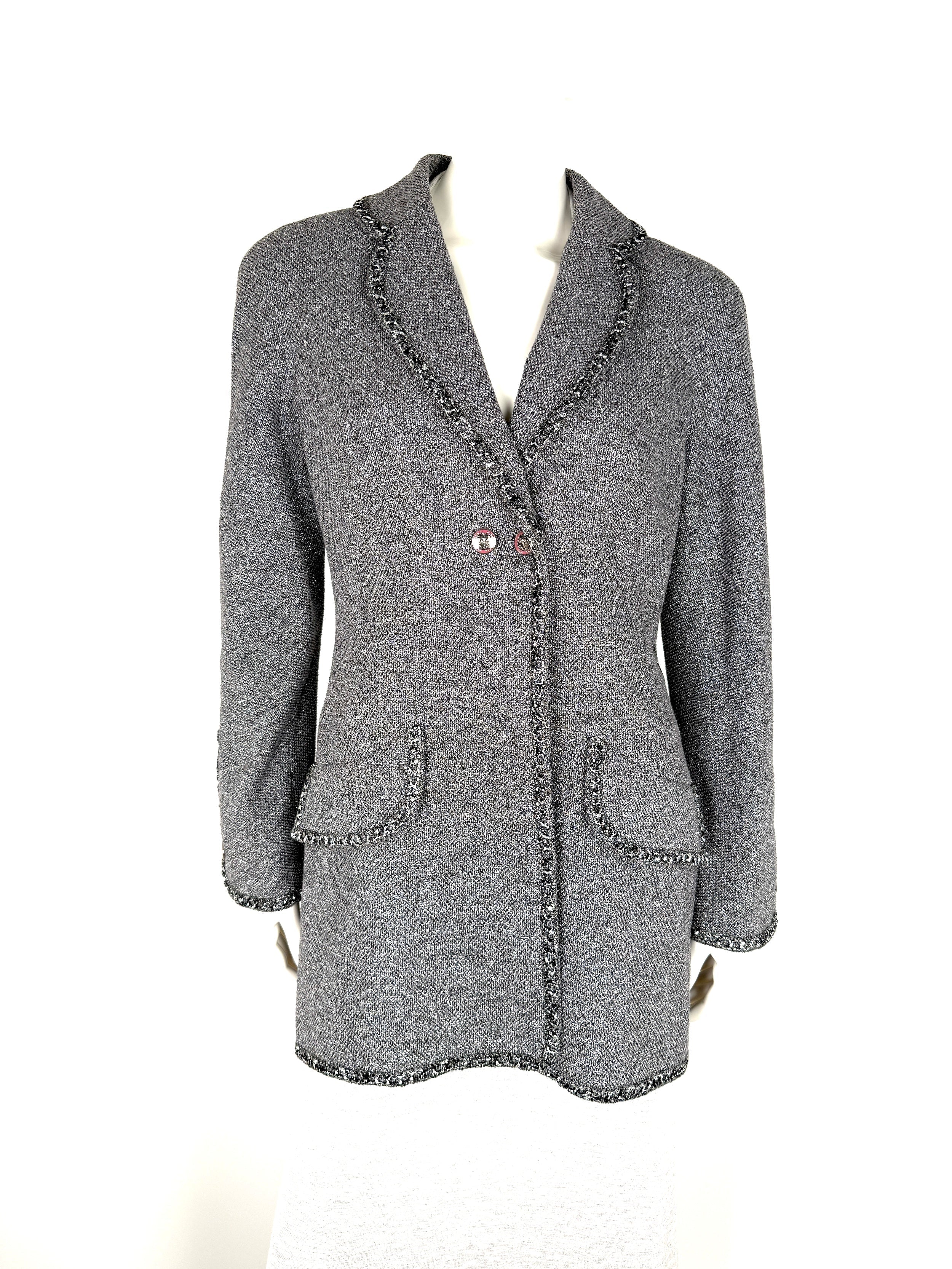 CHANEL Collared Runaway 2020 Black Gray Silver Long Tweed Coat Jacket 40 8