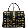 GUCCI Sylvie Animal Studs Calfskin Medium Top Handle Bag Black