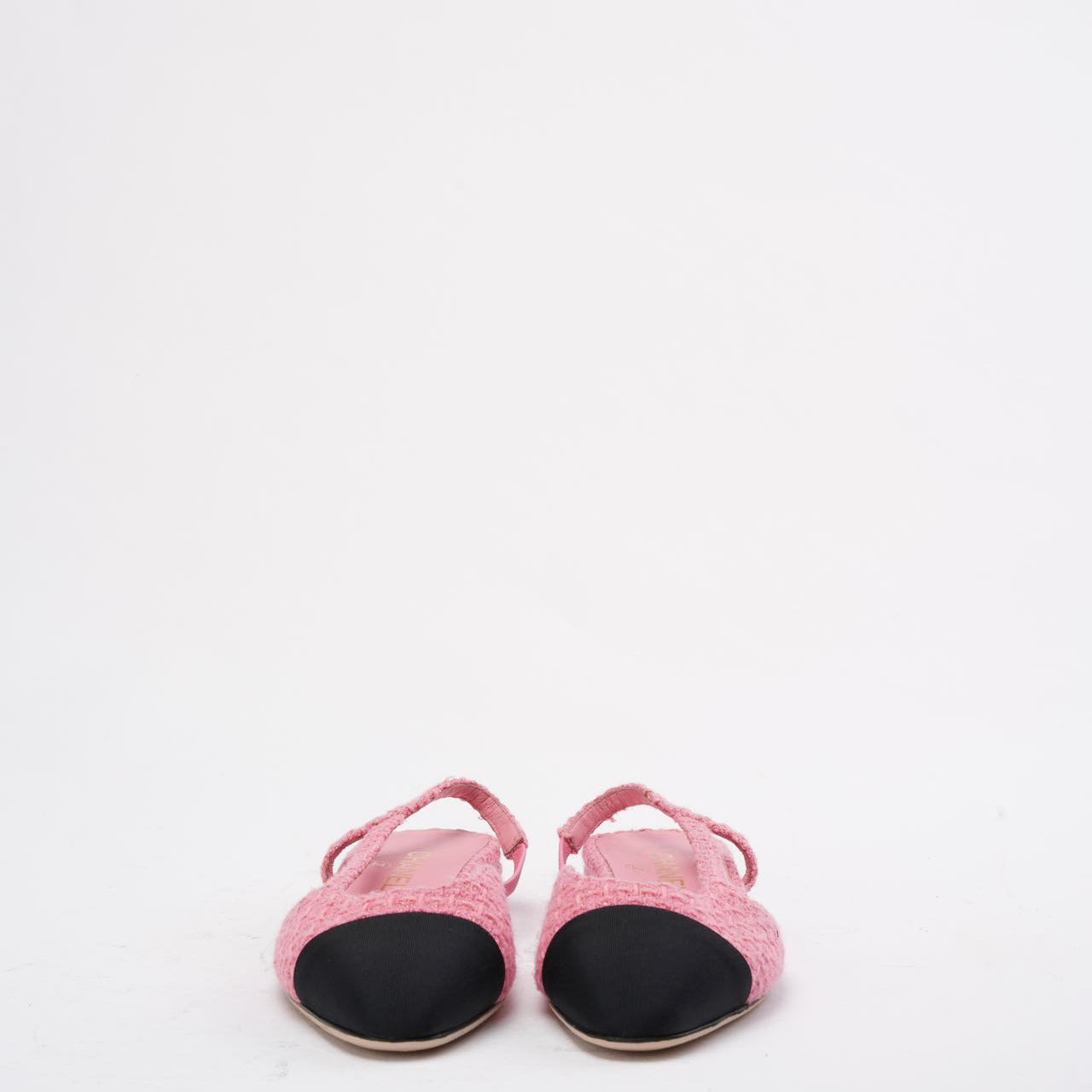 Chanel Pink/Black Tweed Cap Toe CC Slingback Pumps 38C