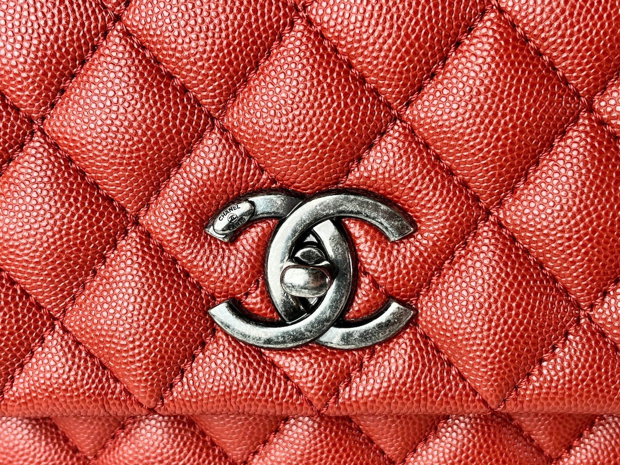 CHANEL Red Medium Coco Handle Top Handle Quilted Caviar Leather Bag