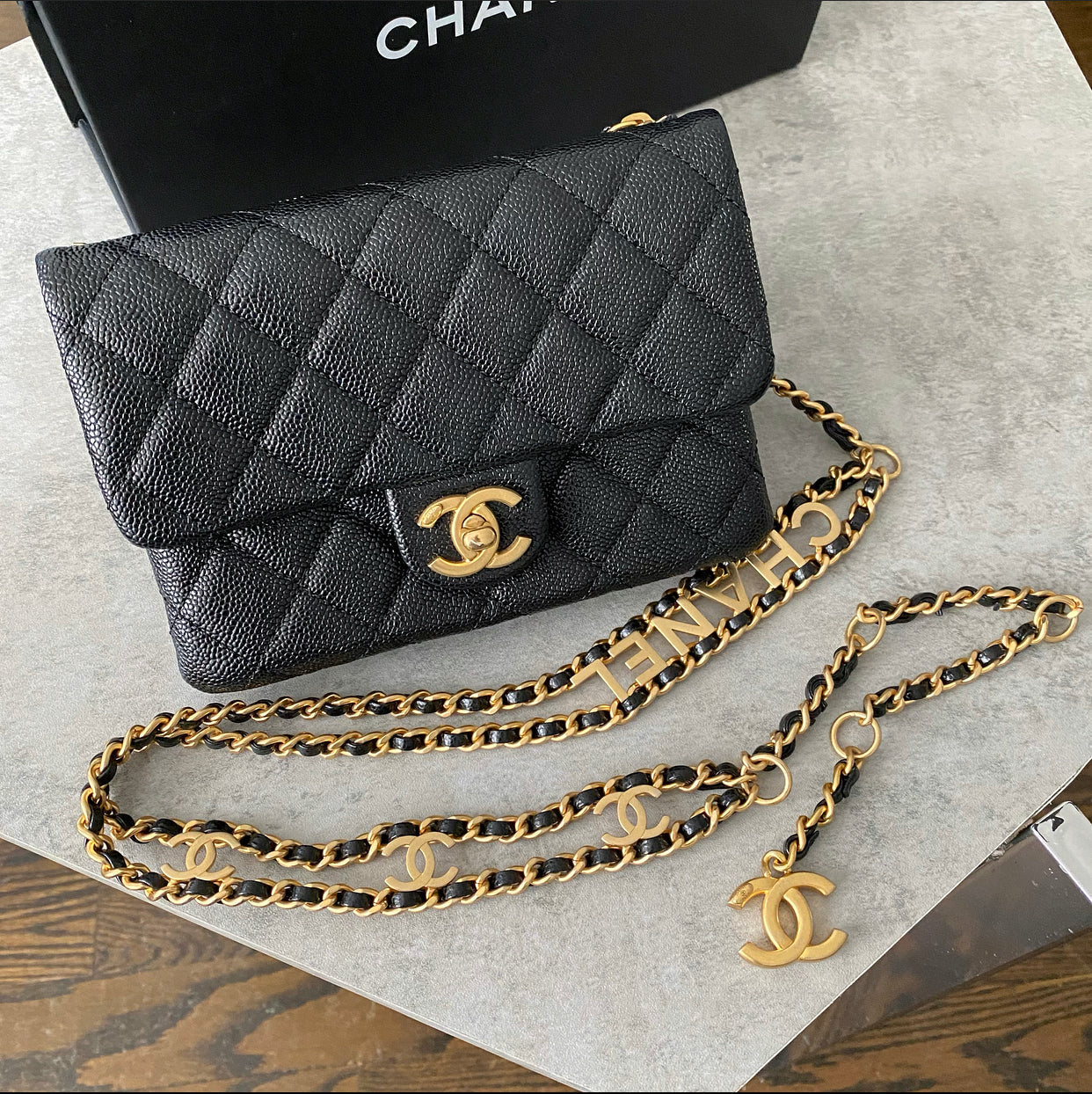 Chanel 22S Black Caviar Gold Logo Chain Belt Bag