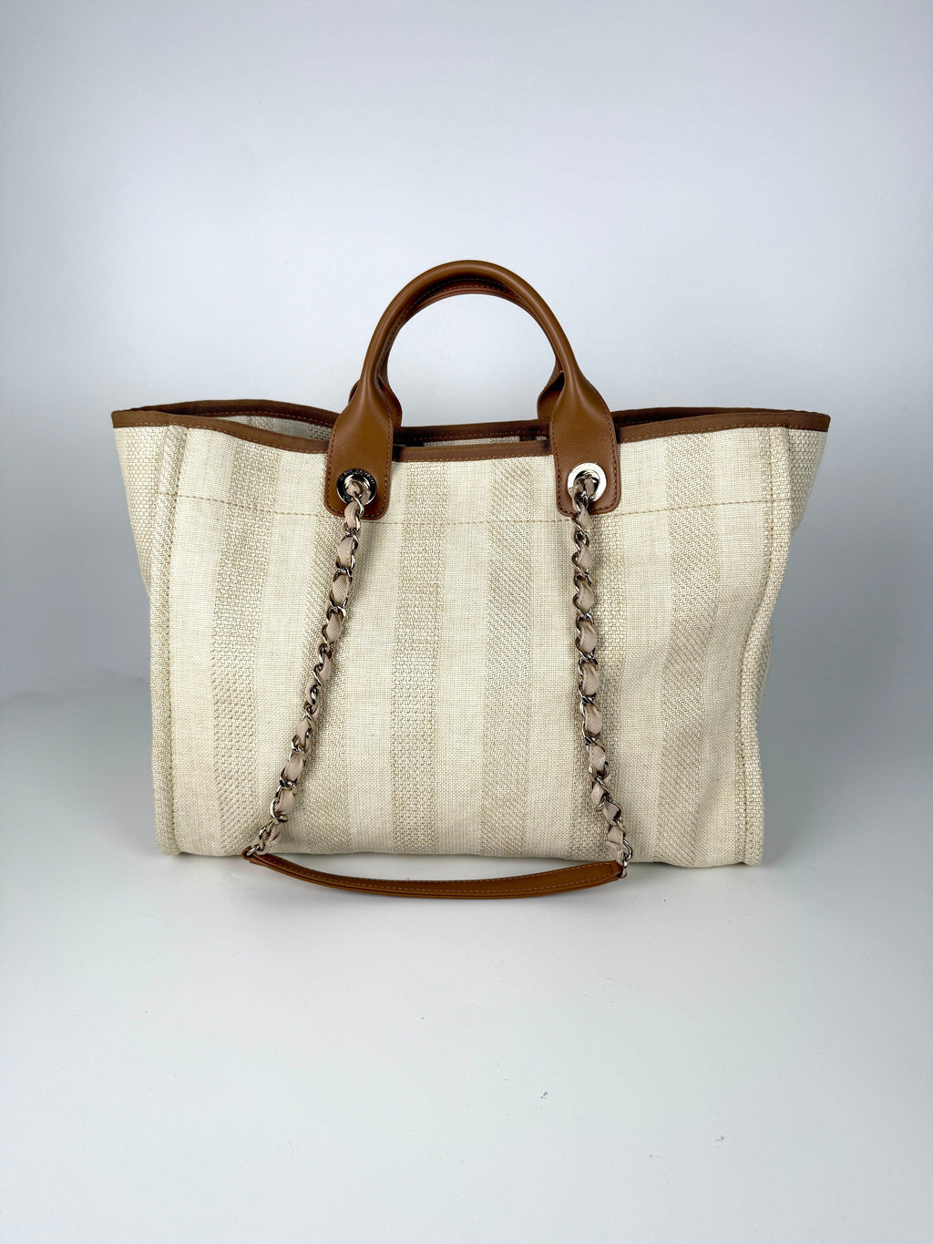 CHANEL Deauville Striped Medium Straw Raffia Beige Tan Shopping Tote