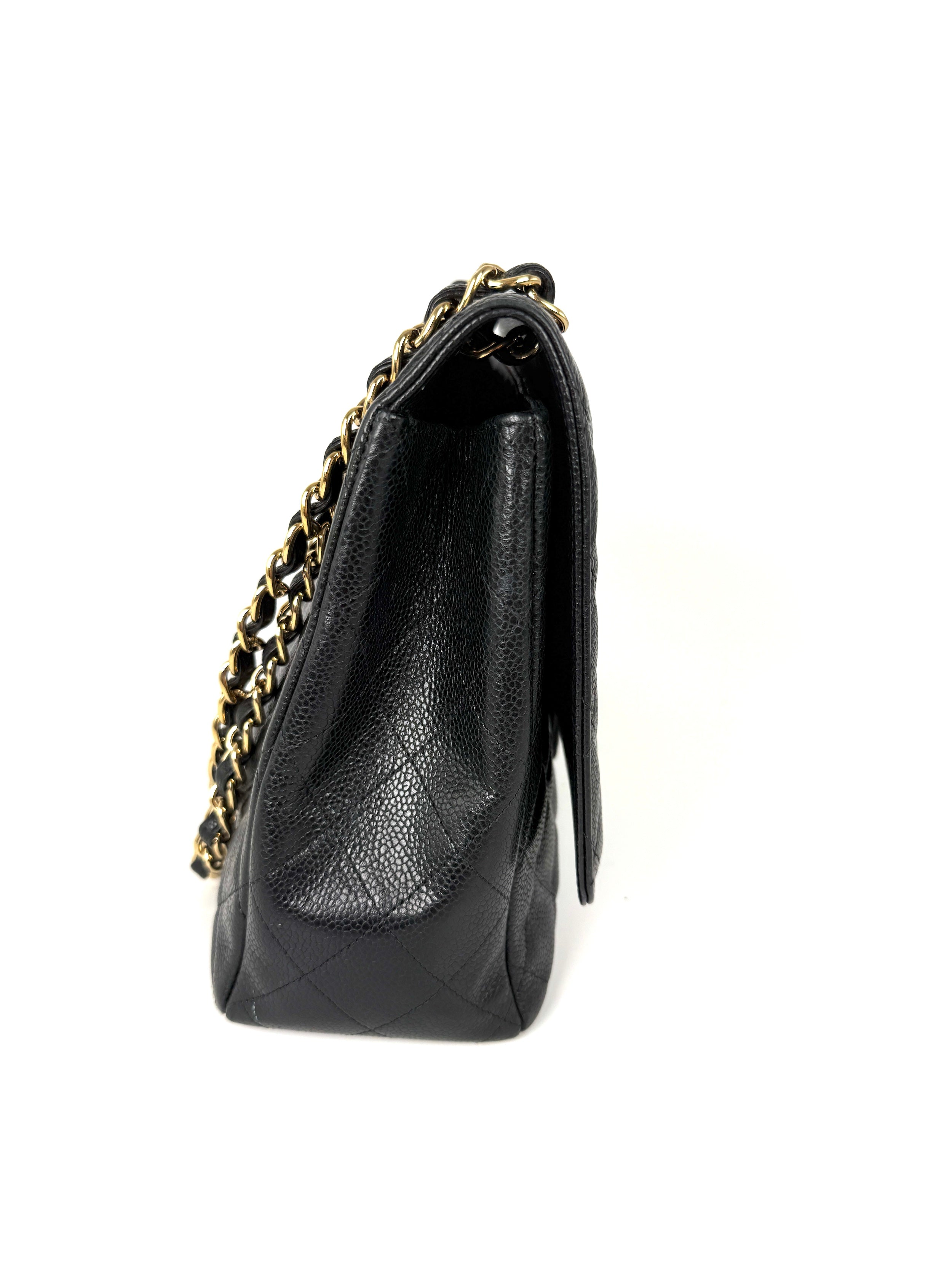CHANEL Maxi Jumbo Classic Black Caviar Quilted Gold Hardware Single Flap Shoulder Crossbody Bag
