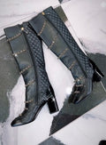CHANEL CHAIN ACCENT QUILTED LEATHER KNEE HIGH BOOTS