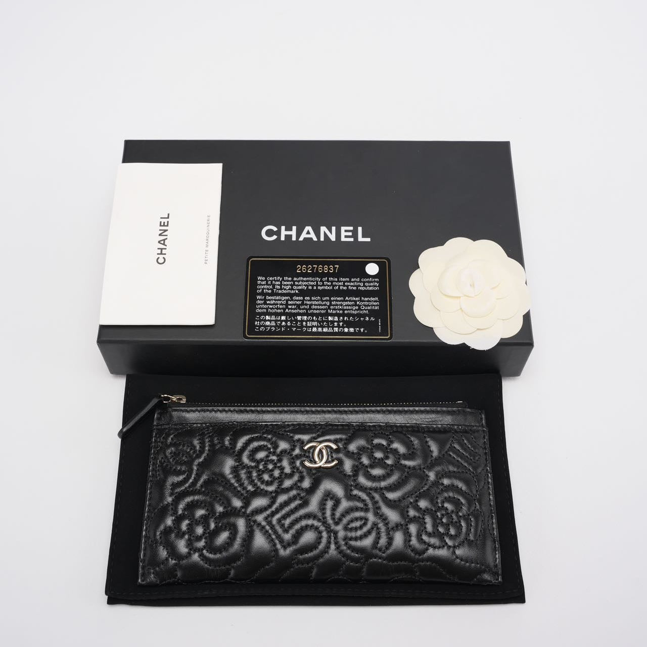 Chanel Camellia Quilted Lambskin Leather Black Zip Pouch