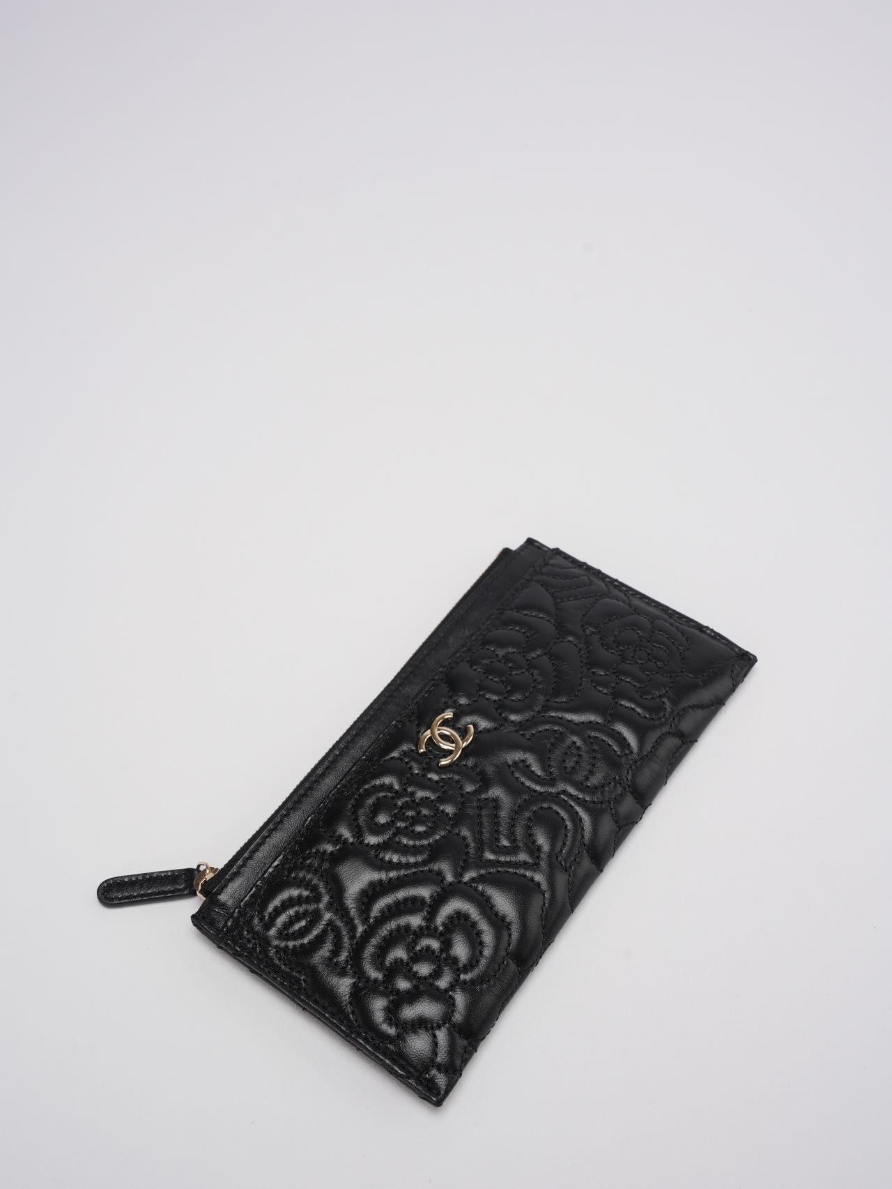 Chanel Camellia Quilted Lambskin Leather Black Zip Pouch