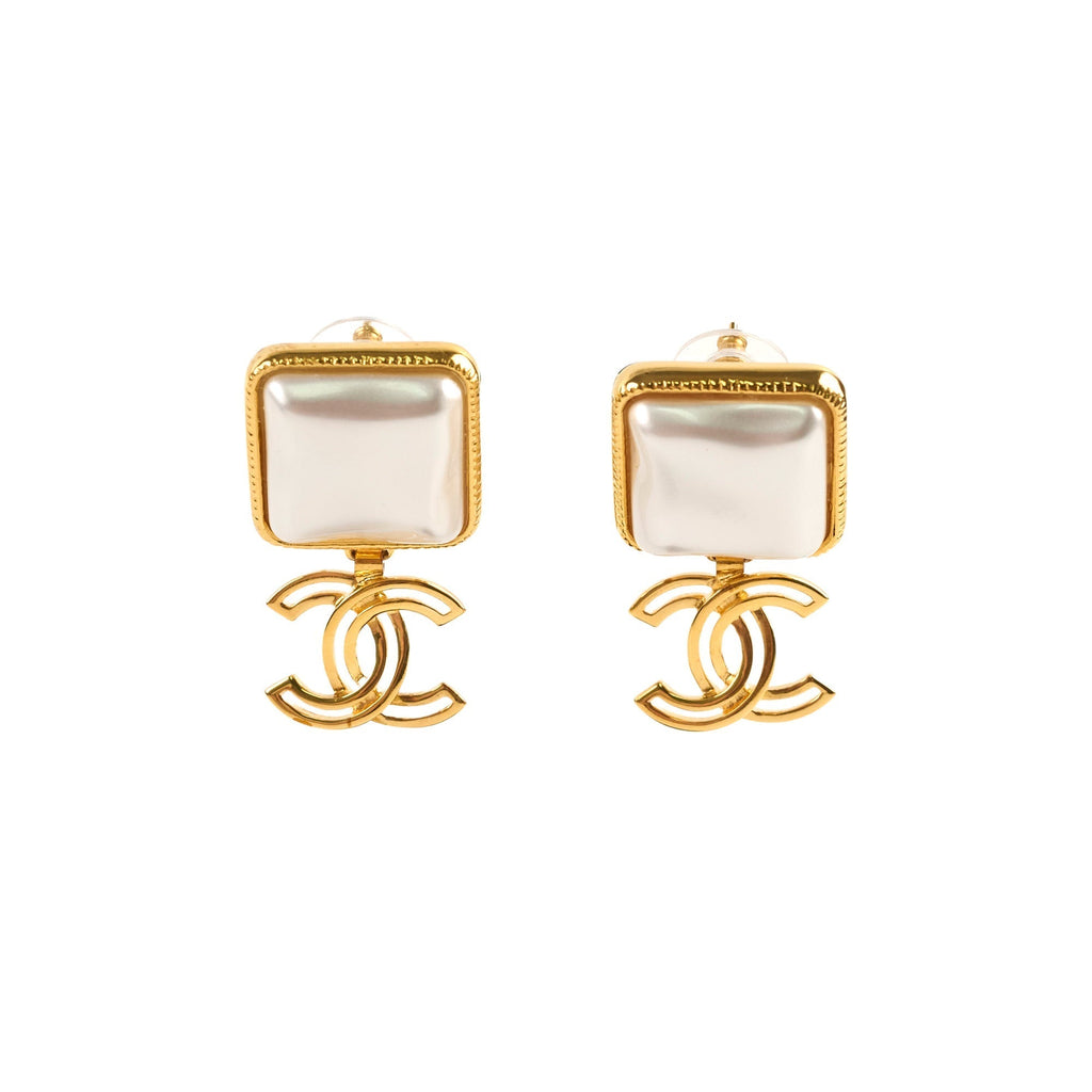 Chanel Square Pearl Drop CC Earrings