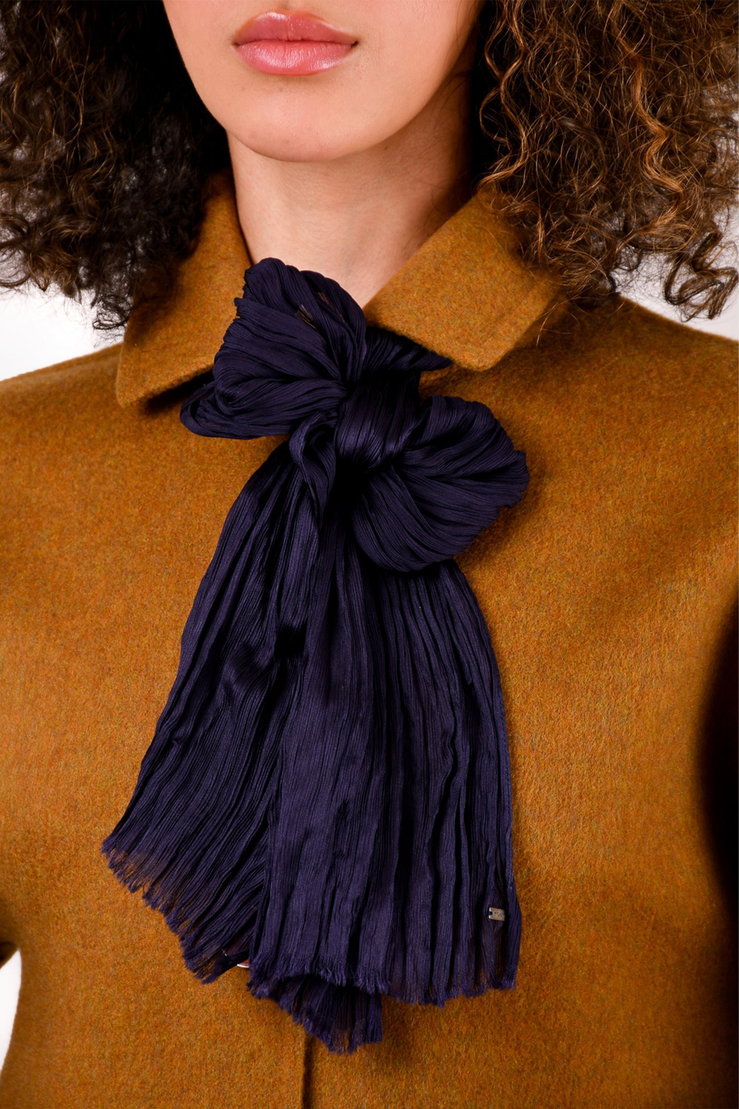 Saint Laurent Navy Blue Silk Pleated Scarf