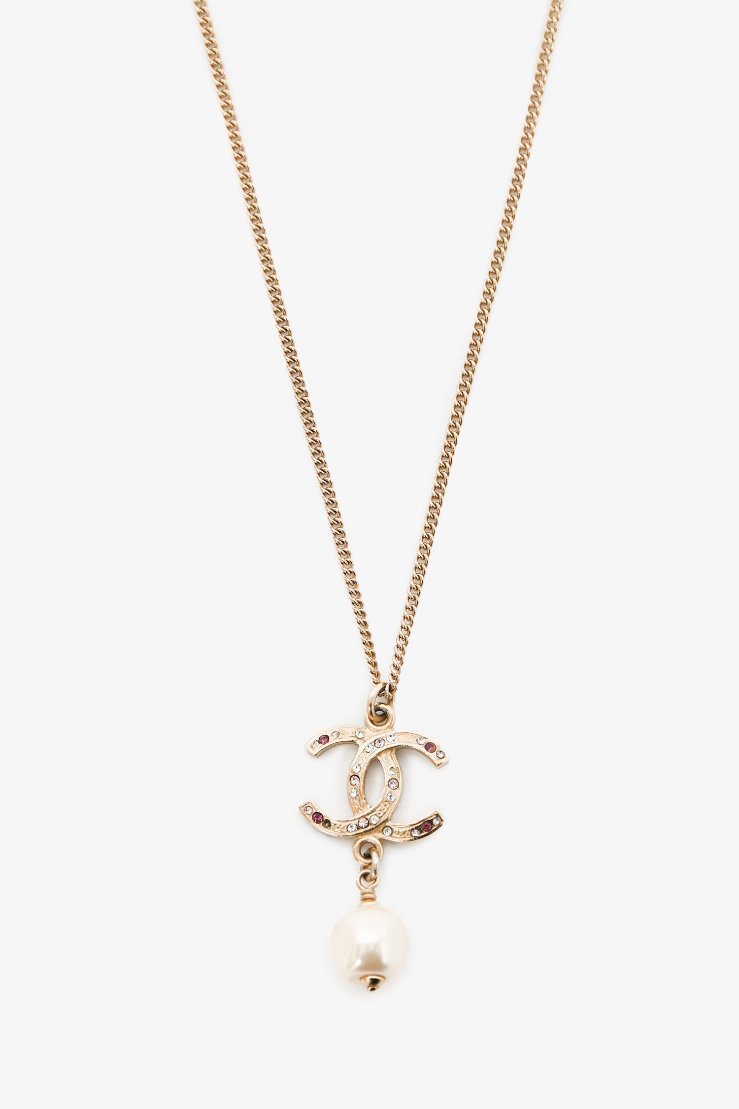Pre-Loved Chanel™ 2012 Gold Toned 'CC' Faux Pearl Drop Necklace