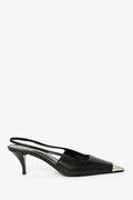 Saint Laurent Black Leather Silver Cap Toe Slingback Heels Size 37