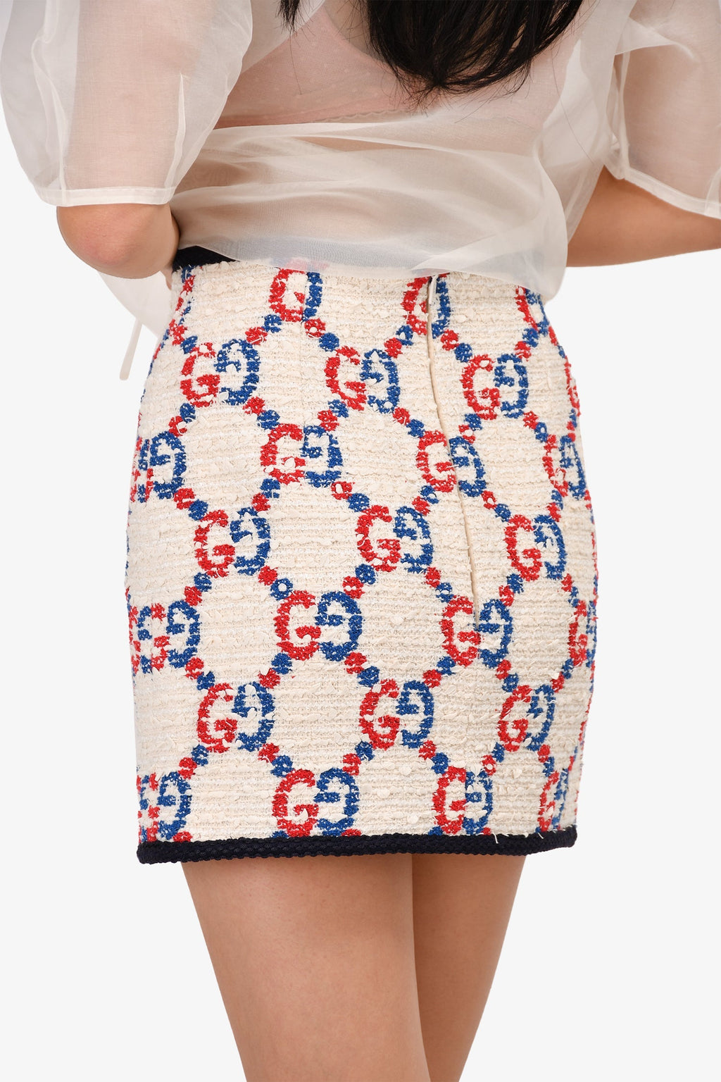Gucci Cream Boucle Tweed Patterned GG Logo Mini Skirt Size 36