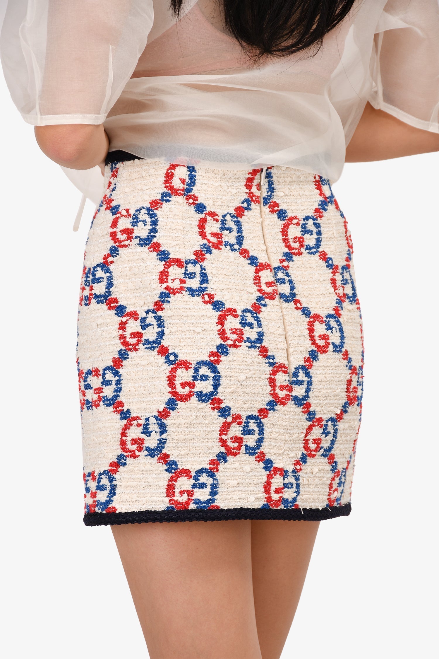 Gucci Cream Boucle Tweed Patterned GG Logo Mini Skirt Size 36