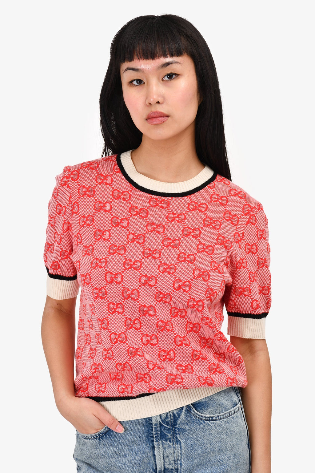 Gucci Red/White knit 'GG' Short Sleeve Top Size L