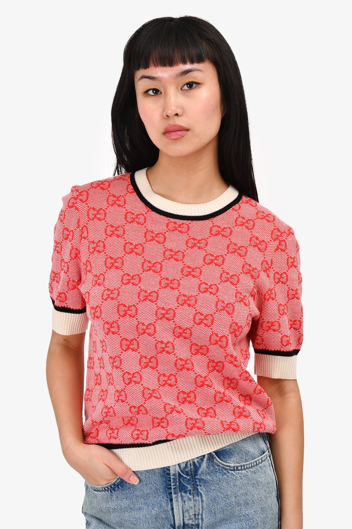 Gucci Red/White knit 'GG' Short Sleeve Top Size L