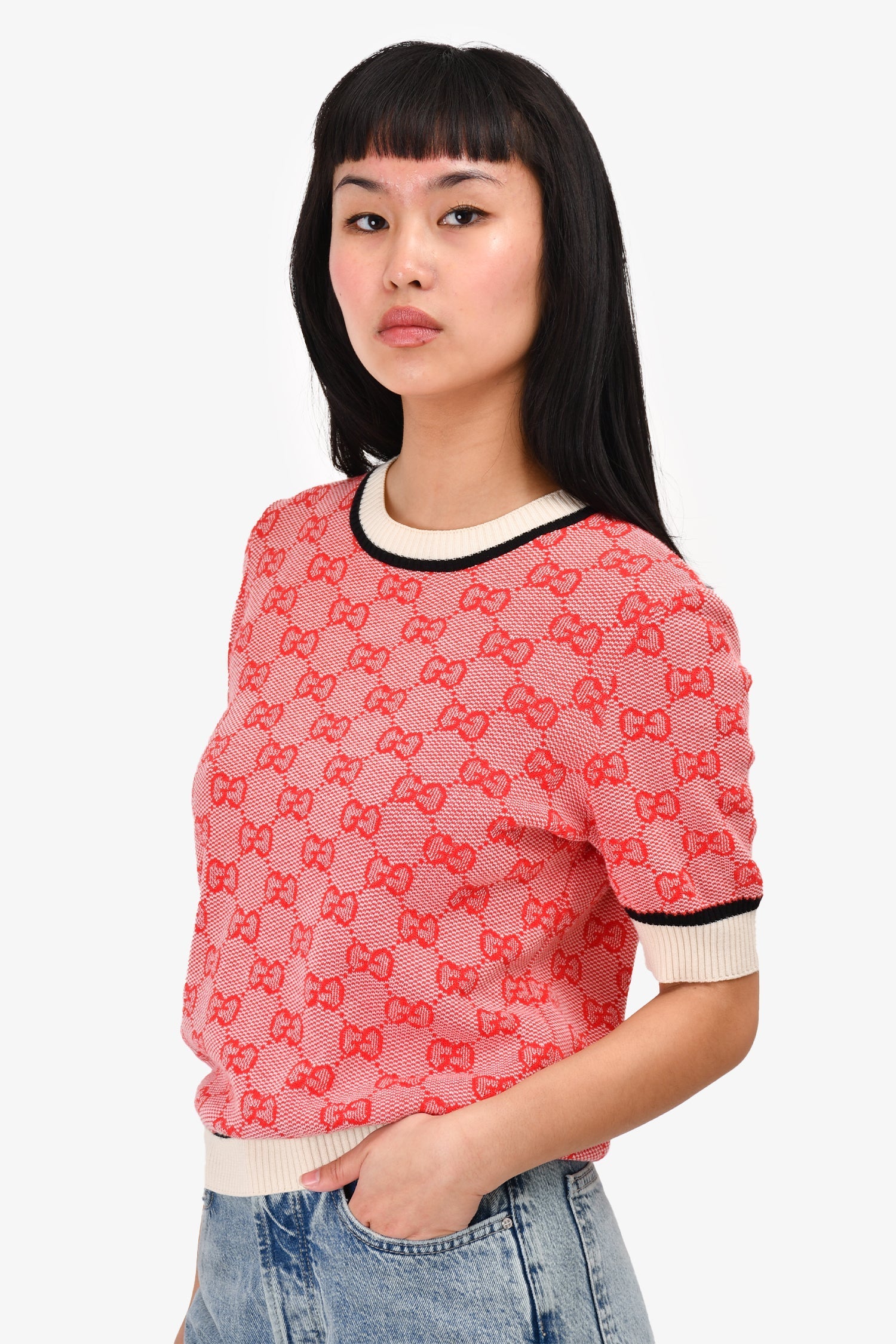 Gucci Red/White knit 'GG' Short Sleeve Top Size L