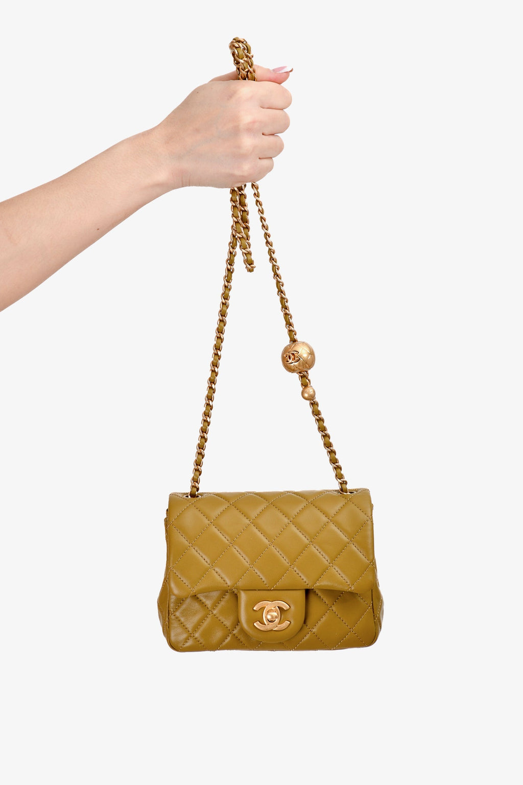Pre-Loved Chanel™ 2022 Green Quilted Lambskin Mini Pearl Crush Flap Bag