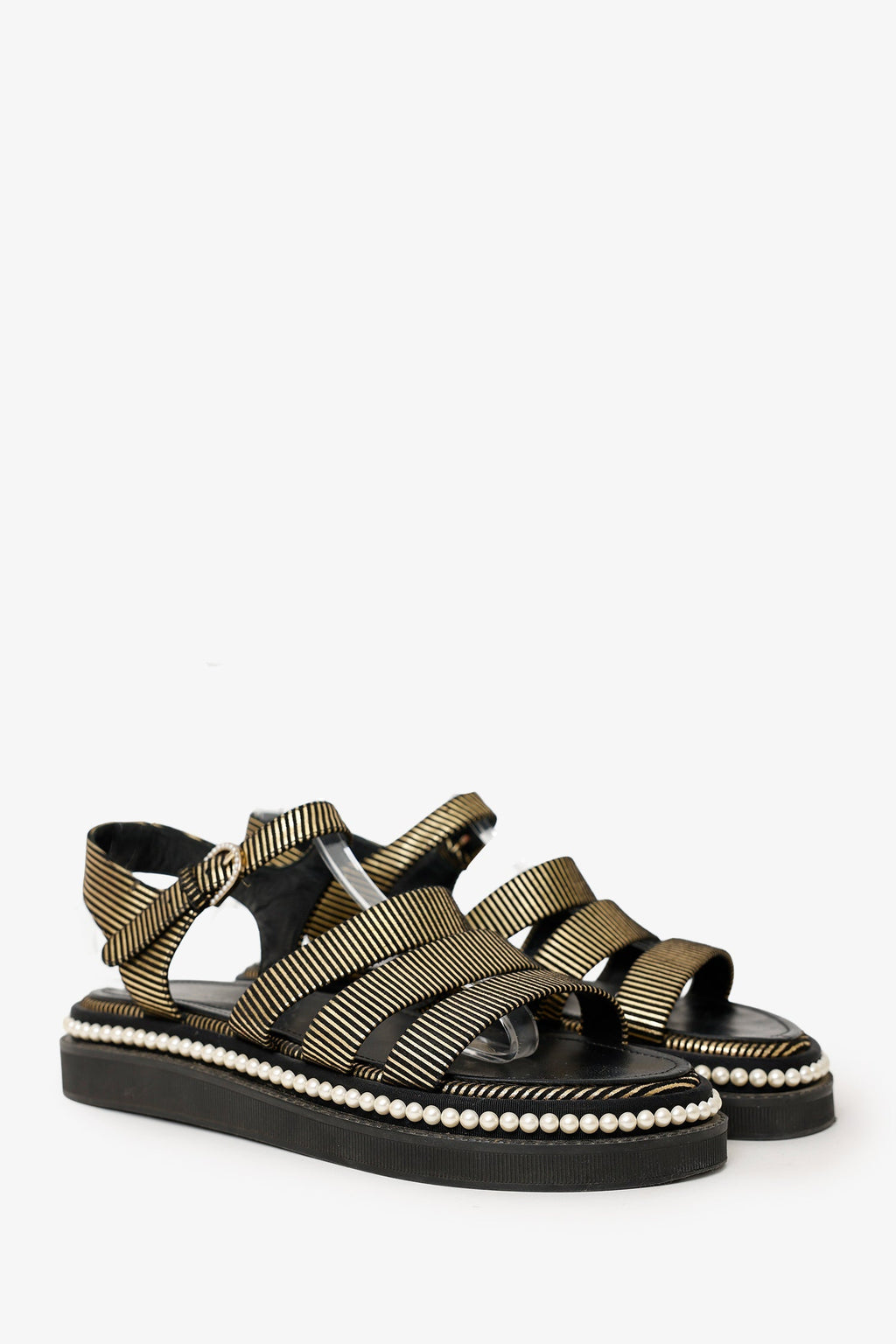 Pre-Loved Chanel™ Black/Gold Striped Faux Pearl Trimmed Sandals Size 37.5