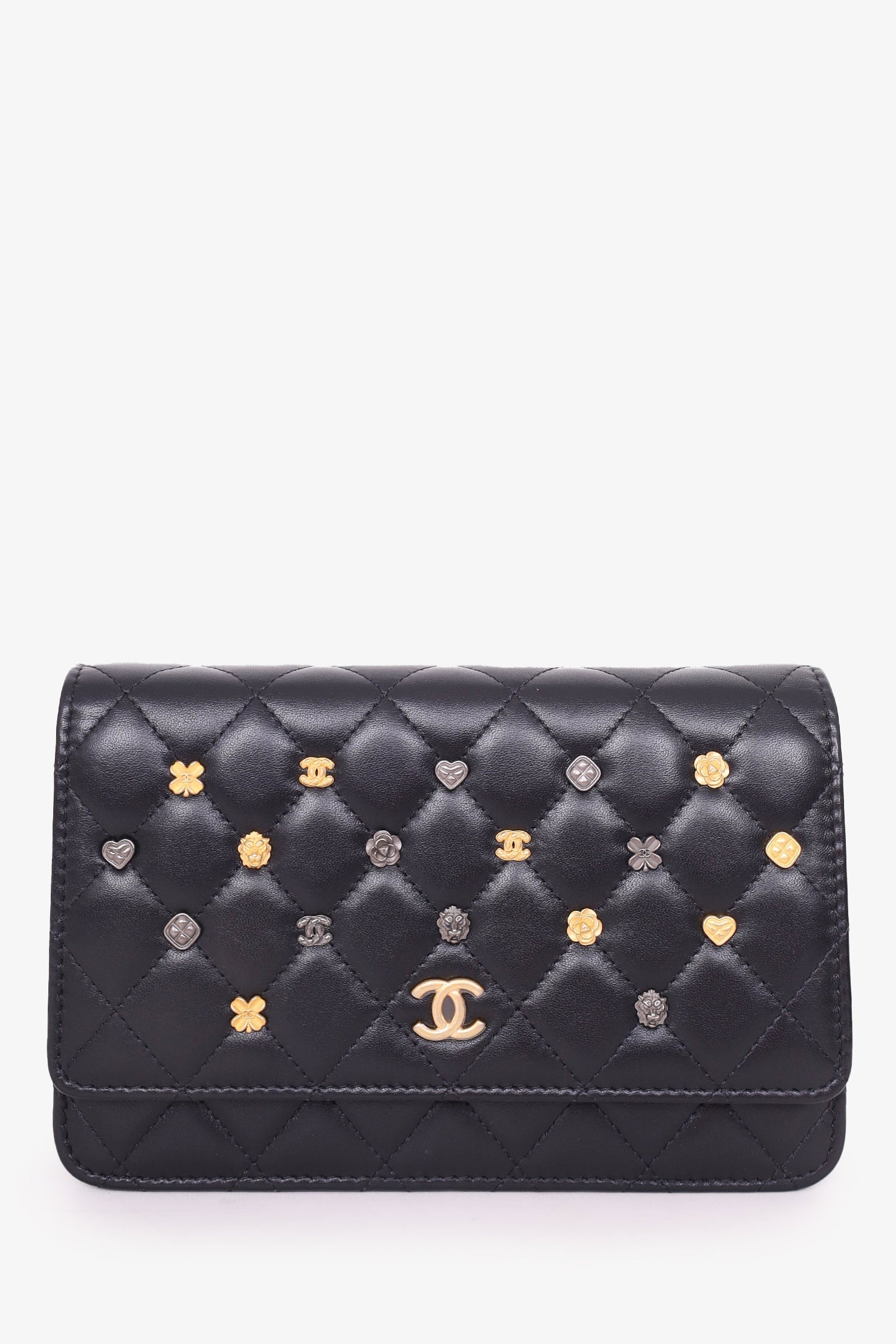 Pre-Loved Chanel™ 2018-19 Black Lambskin Quilted Studded Lucky Charm Wallet On Chain