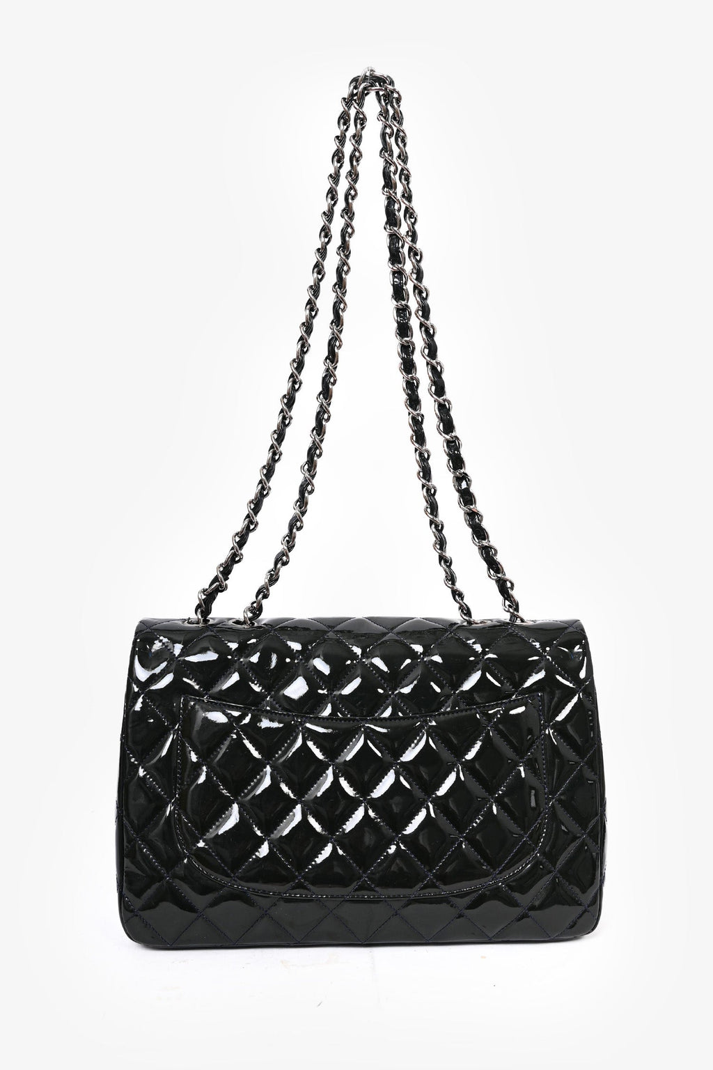 Pre-Loved Chanel™ 2009/10 Green Quilted Patent Blue Stitched Jumbo Single Flap Shoulder Bag