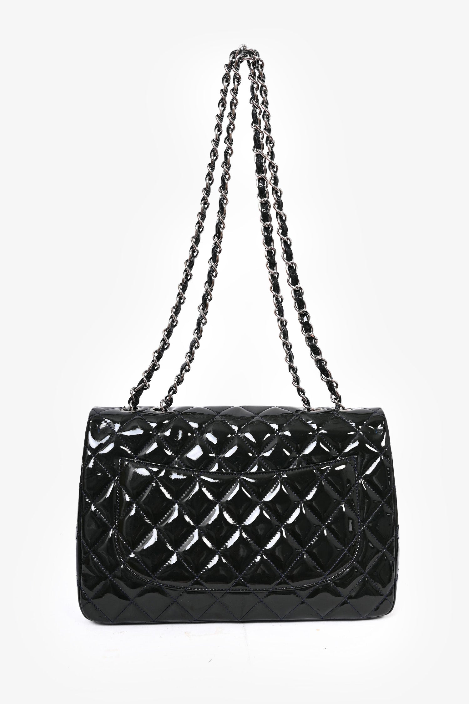 Pre-Loved Chanel™ 2009/10 Green Quilted Patent Blue Stitched Jumbo Single Flap Shoulder Bag