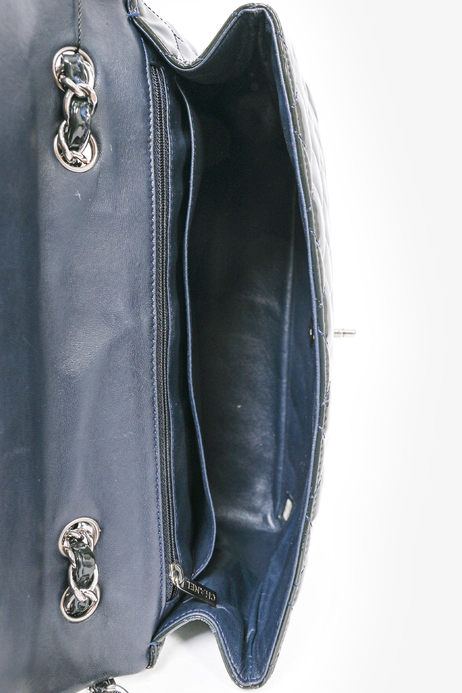 Pre-Loved Chanel™ 2009/10 Green Quilted Patent Blue Stitched Jumbo Single Flap Shoulder Bag
