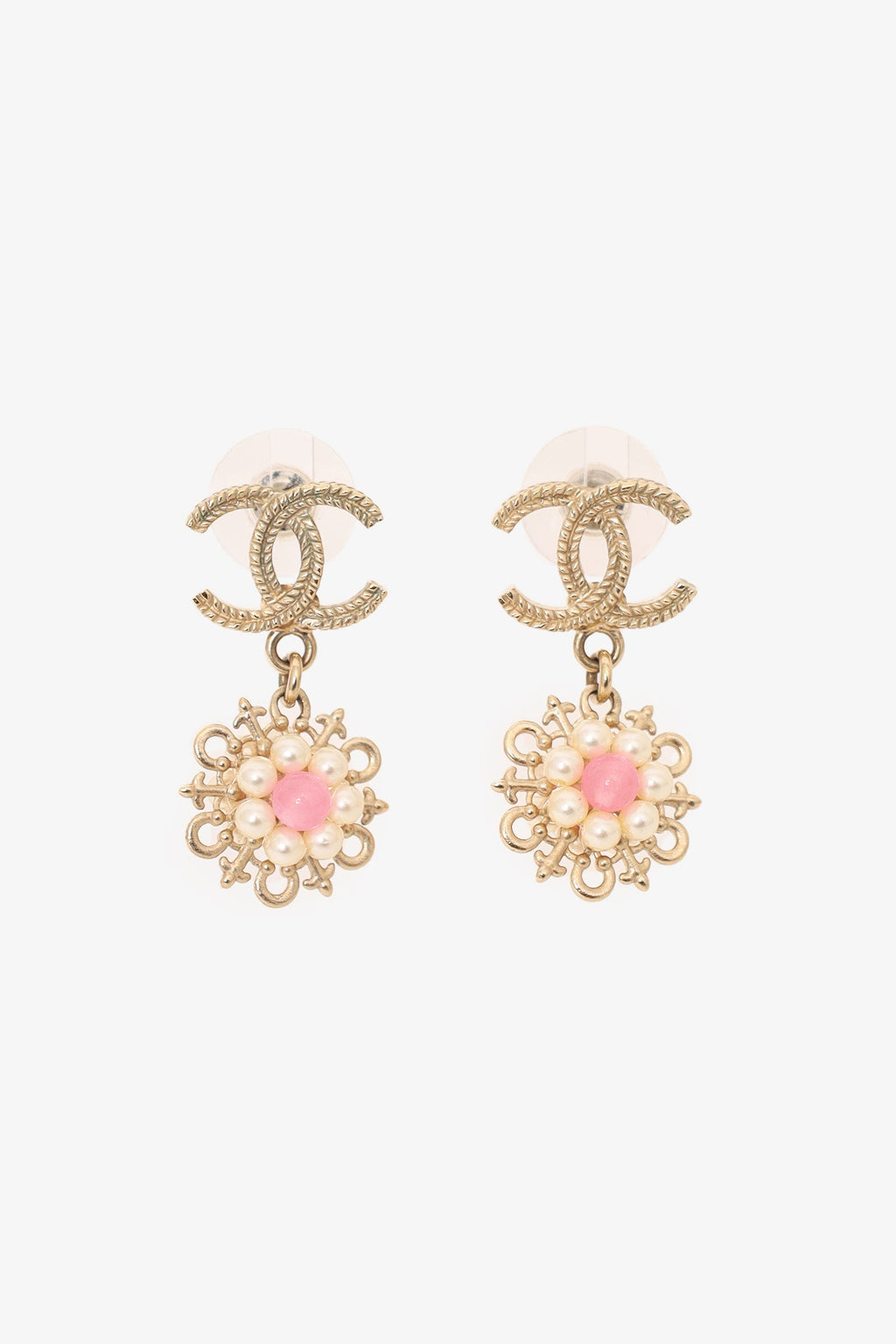 Pre-Loved Chanel™ 2016 Gold-Tone/Pink CC Flower Drop Earrings
