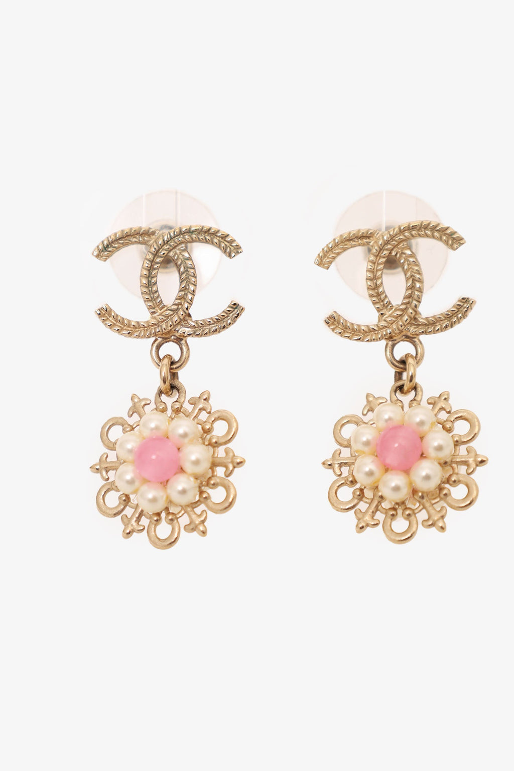 Pre-Loved Chanel™ 2016 Gold-Tone/Pink CC Flower Drop Earrings